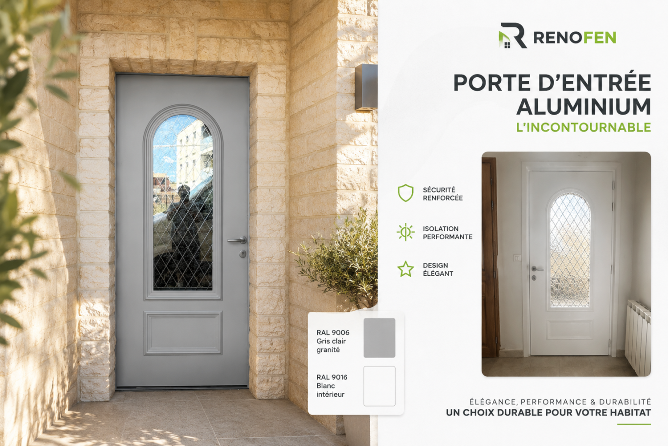 Porte d'entrée en aluminium Renofen Porte vitrée en aluminium avec grand vitrage
