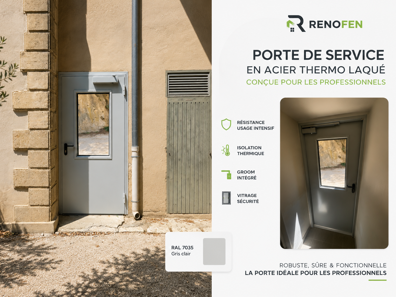 Porte de service en Acier RENOFEN Porte de service en acier thermo laqué installation sur Remoulin Groom et vitrage sécurité intégré
